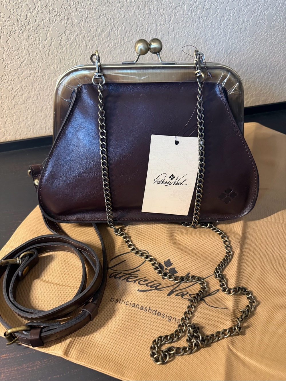 Patricia Nash Iridessa Choco Brn Leather Frame Crossbody Antique Gold Hardware - Picture 15 of 16
